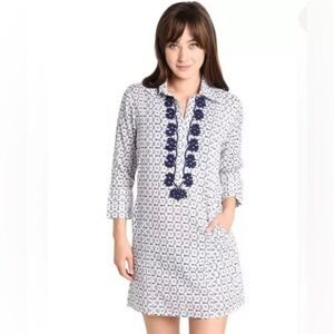 Helen Jon Tunic Dress - M navy white cotton , embroidered